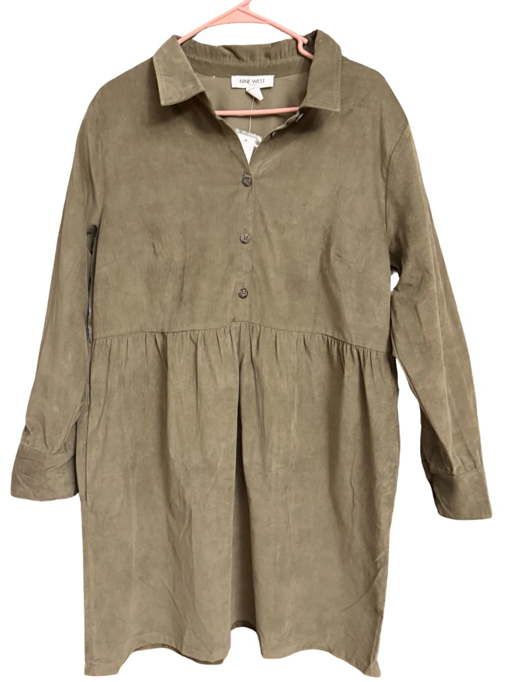 Nine West Olive Green Lightweight Corduroy Shirt Dress XL NWT Pockets - Picture 5 of 11